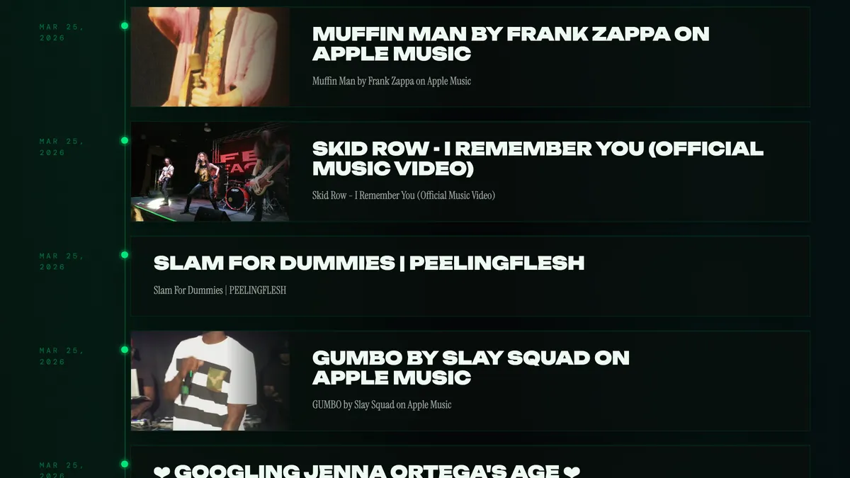 The goblin blog timeline — a vertical rail of dated music posts with album and artist thumbnails, styled as a green-on-black CRT flyer.