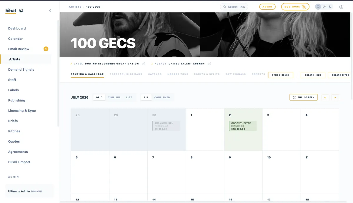 The routing calendar for the artist 100 Gecs, showing a July 2026 month grid with a confirmed $18,000 date at the Ogden Theatre in Denver and a pencilled hold at The Van Buren in Phoenix.