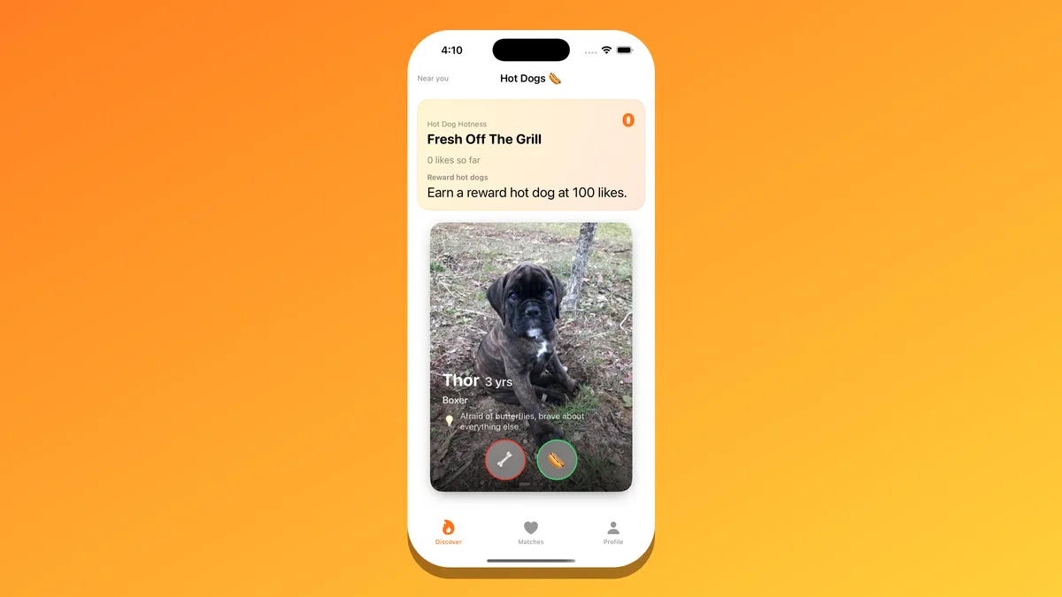The Hot Dogs iOS app's Discover screen — a dog profile card for Thor, a Boxer, with bone and hot-dog swipe buttons and a Hot Dog Hotness score above.