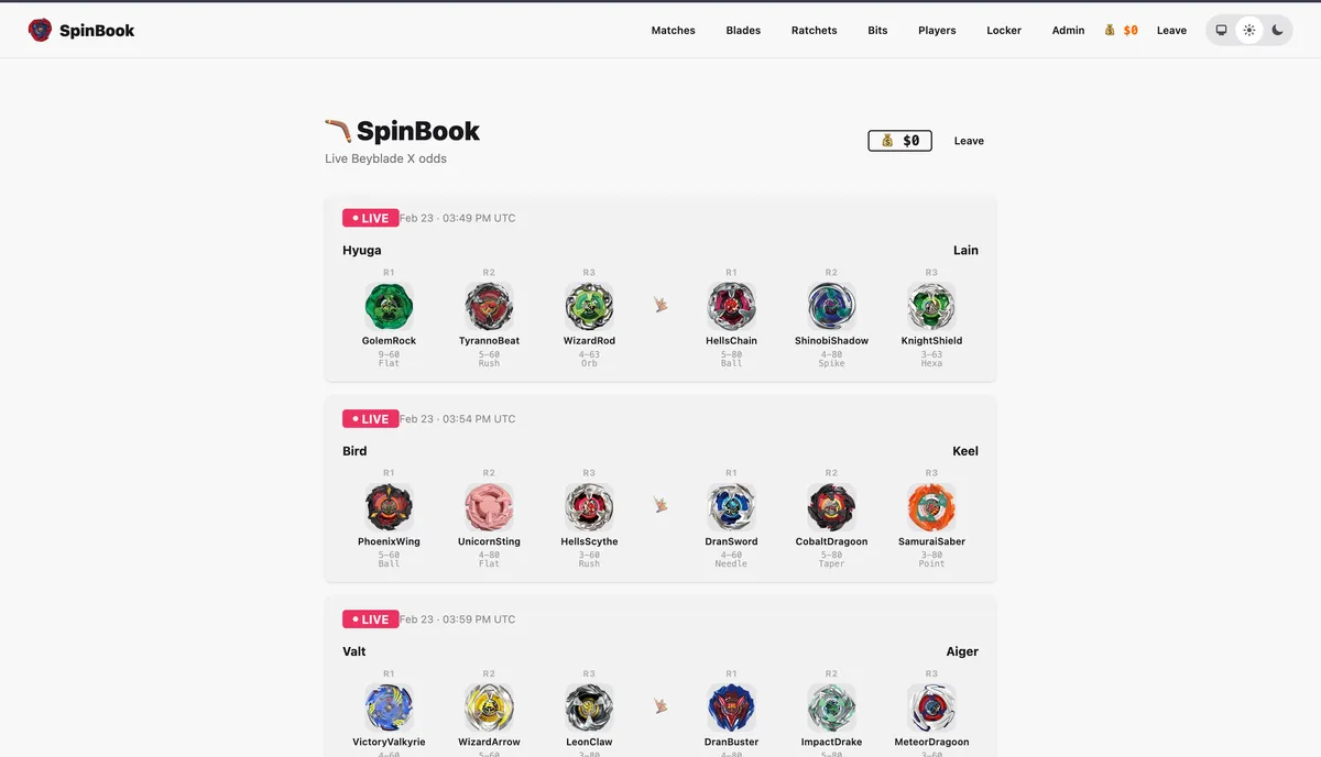 The spinbook match list, showing live Beyblade X matchups with each player's three-blade lineup and the ratchet and bit combination for every blade.